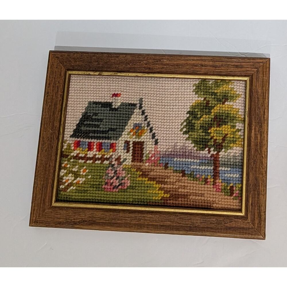 Vintage Needlepoint Framed Wall Art Cottagecore Landscape Country House Tree 6x8